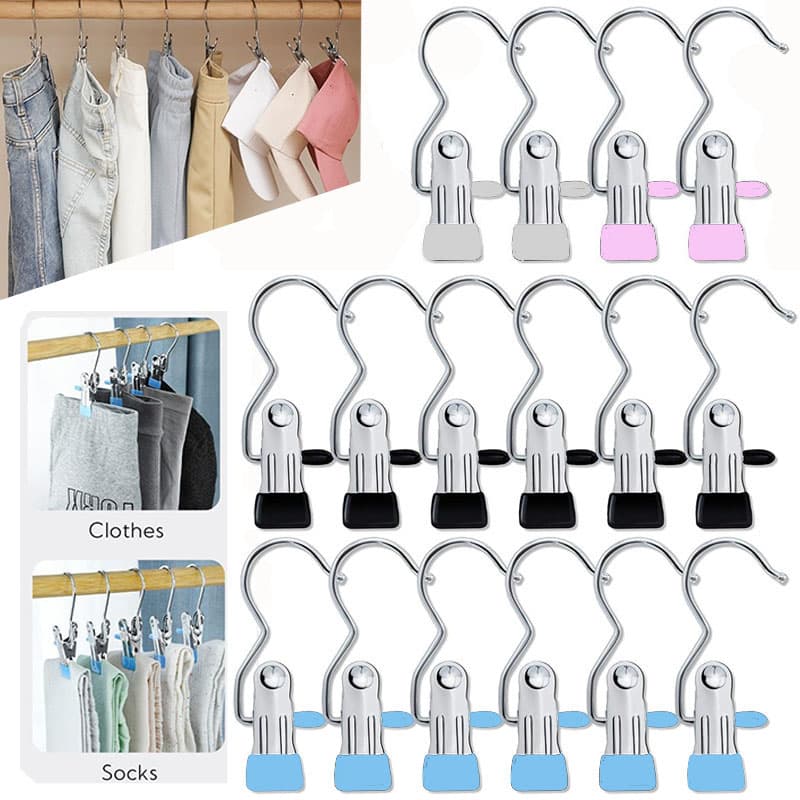 16pcs stainless steel clothing clips, ultra-lightweight, oxidation-resistant, laundry clips for travel and home organization, space-saving, hangers for hats and pants, random color