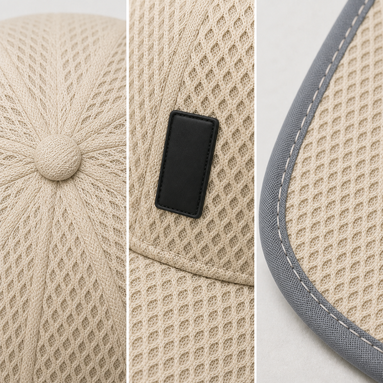 Beige cap workmanship details including crown seams, front patch, and stitched brim binding.