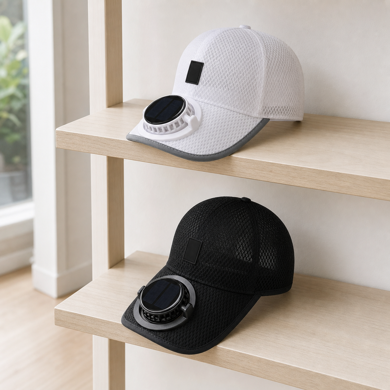White and black mesh fan caps resting on separate tiers of a clean indoor shelf.