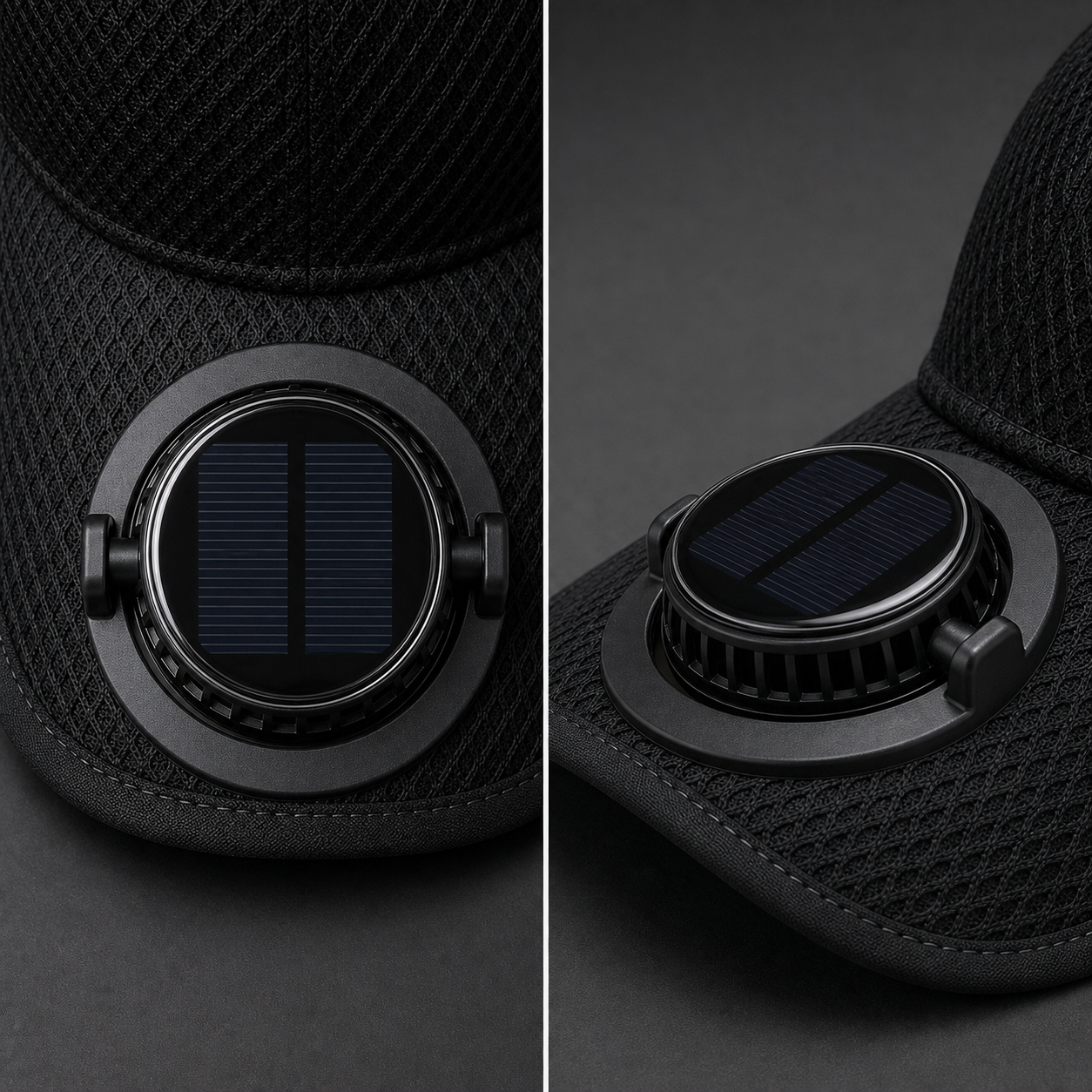 Two exterior views of the black cap's dark top panel and circular vented housing.