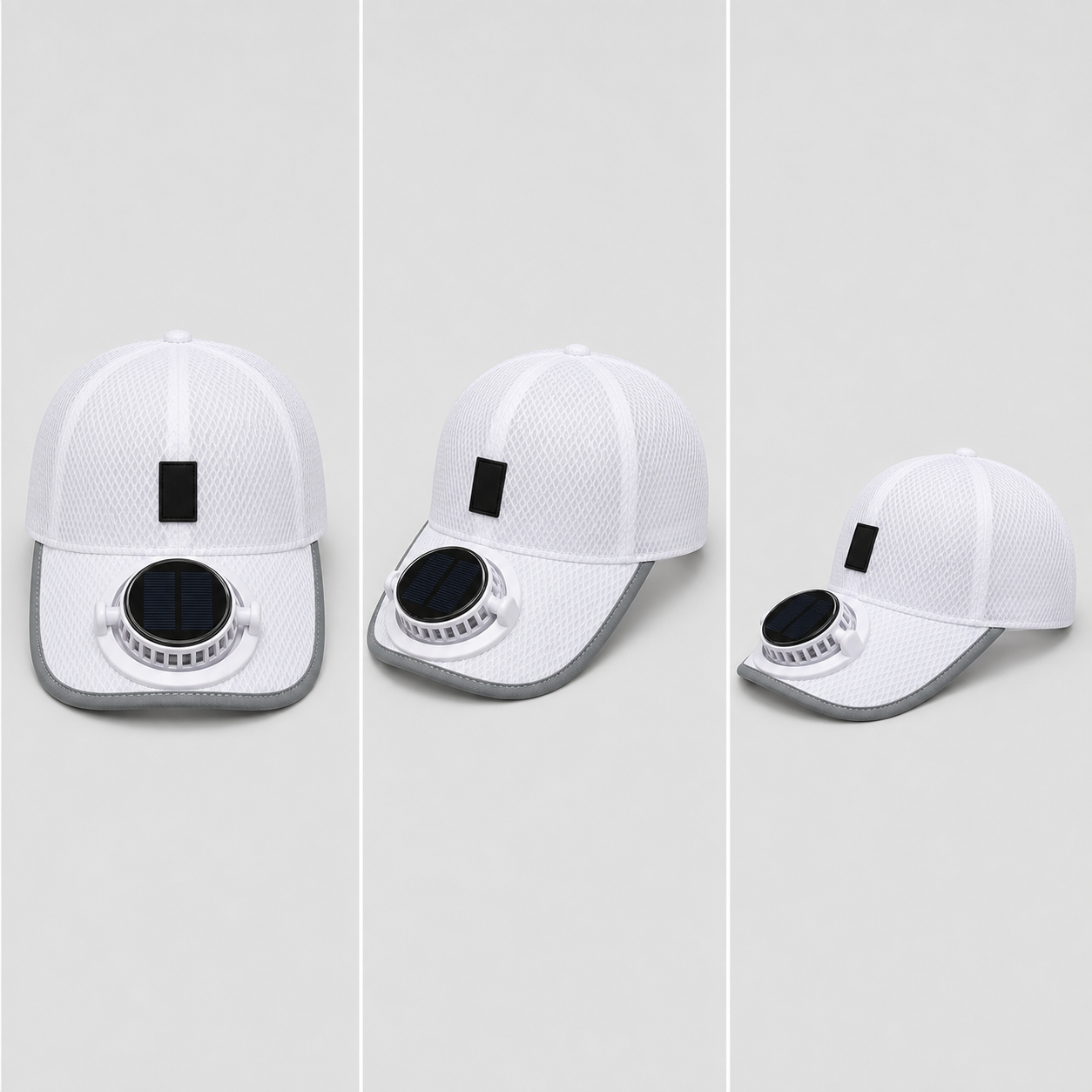 Front, elevated three-quarter, and low side-front views of the white mesh fan cap.
