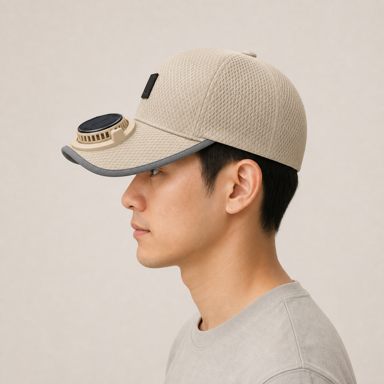 Lateral on-head profile of the beige mesh fan cap at human scale.