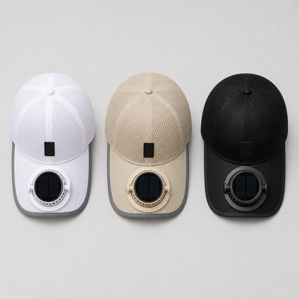 Top-down product-only grid of the white, beige, and black cap variants.