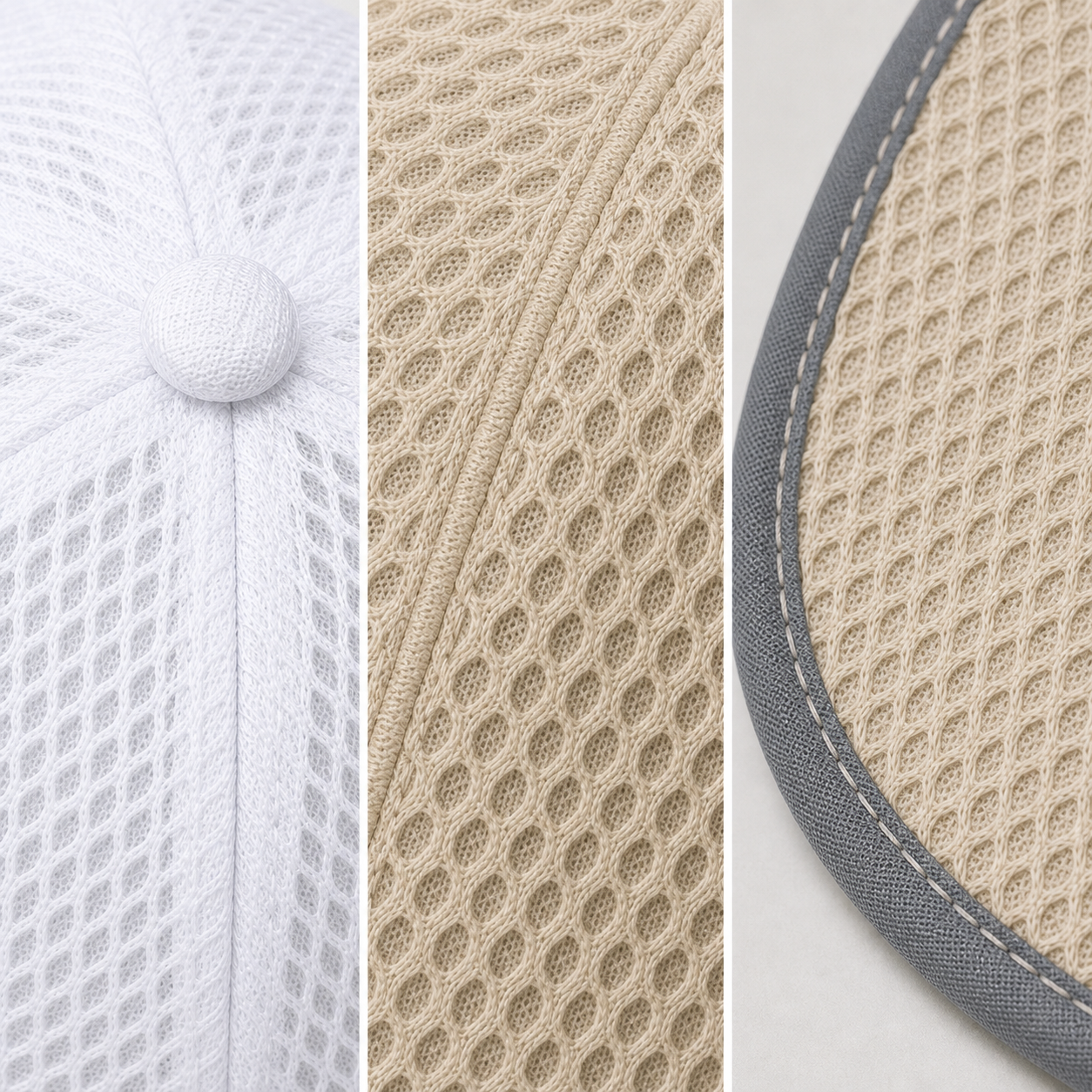 Detailed macros of white and beige mesh, seams, top button, and bound brim edge.