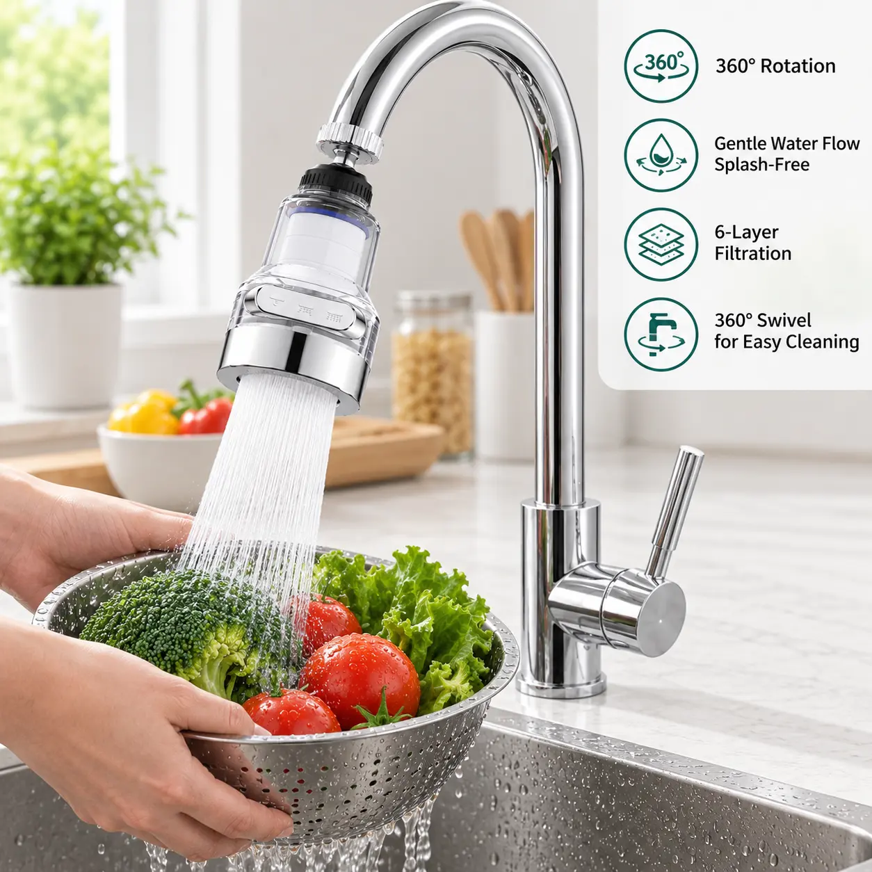 1 Count, 360° Rotating Faucet Aerator Filter 6-Layer Filtration 3 Water Modes Splash-Free for Kitchen Sink Fruit Vegetable Cleaning